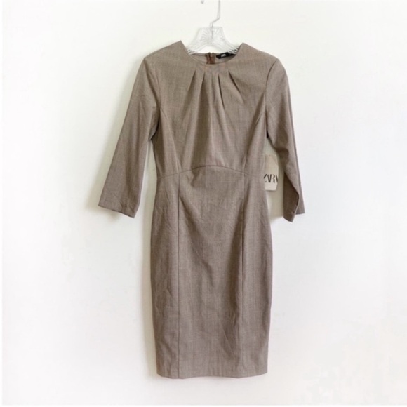 Zara Secretary sheath dress brown check plaid pencil fitted shoulder pads - Picture 2 of 10